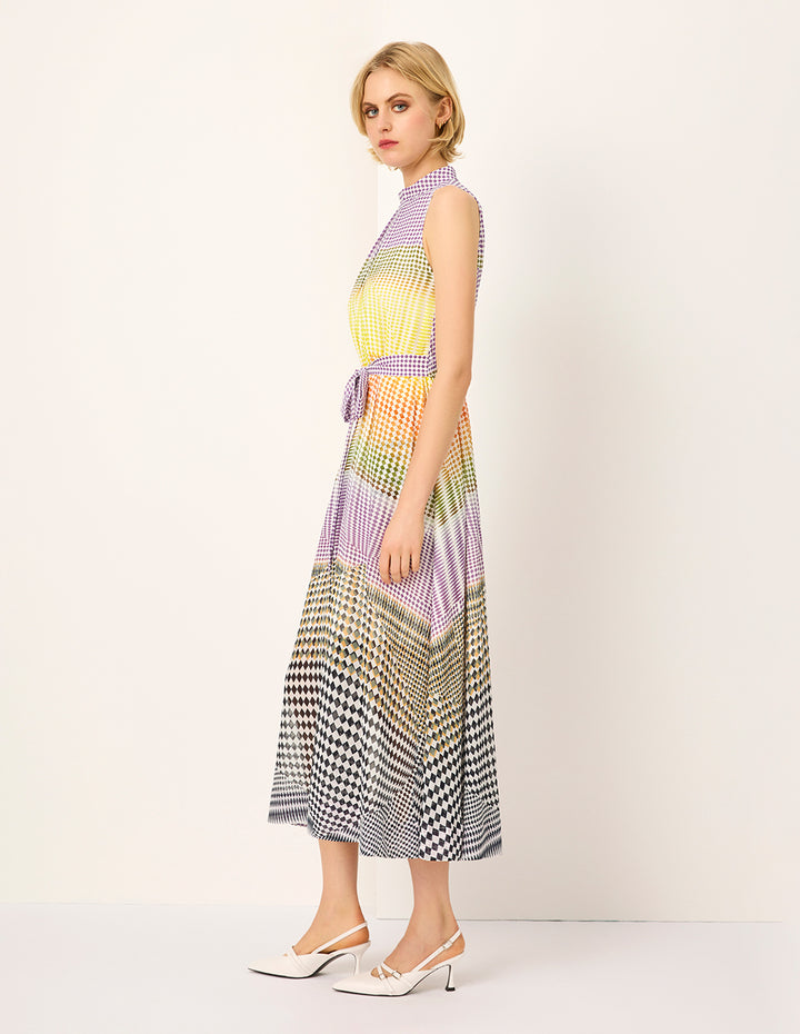 MARYLING Rhombus Print Sleeveless Empired Midi Silk Dress