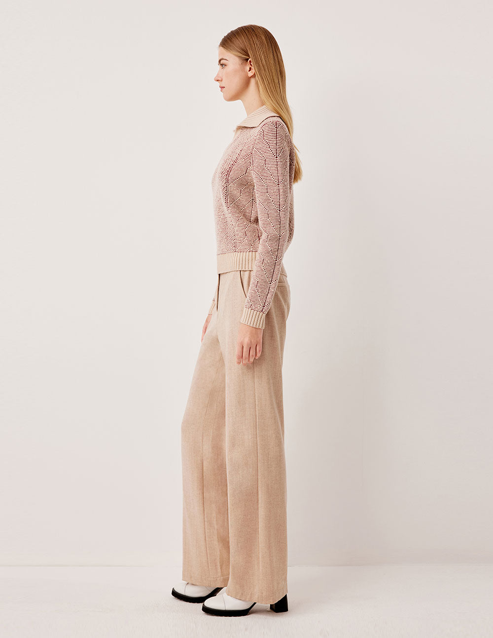 MARYLING Ribbed V-Neck Cable Texture Relaxed Fit Wool Pullover Sweater