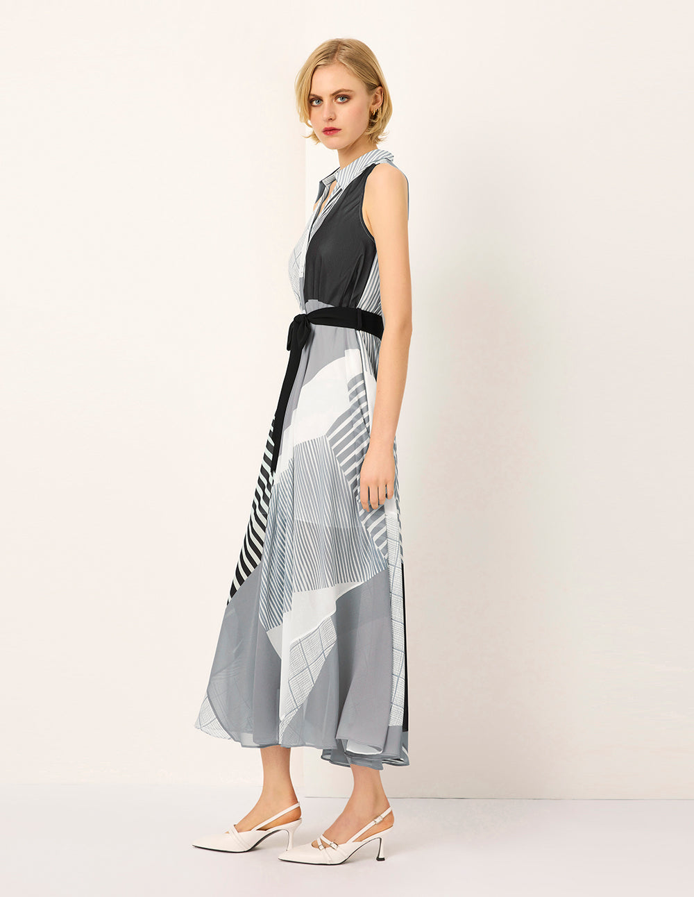 MARYLING Lapel sleeveless striped Print Midi Dress