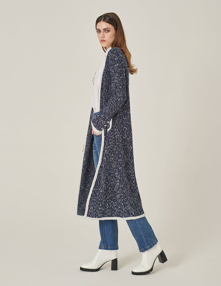 MARYLING V-Neck Long-Sleeve Straight Tweed Knitted Long Cardigan Jacket