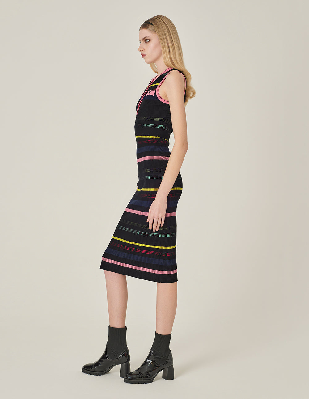 MARYLING Round Neck Sleeveless Colorful Striped Knitted Dress