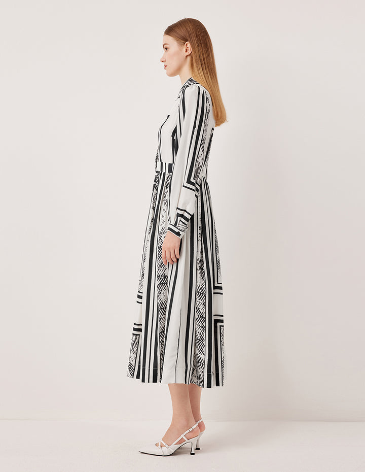 MARYLING Bubble Long Sleeve Black & White Printed Midi Shirt Dress
