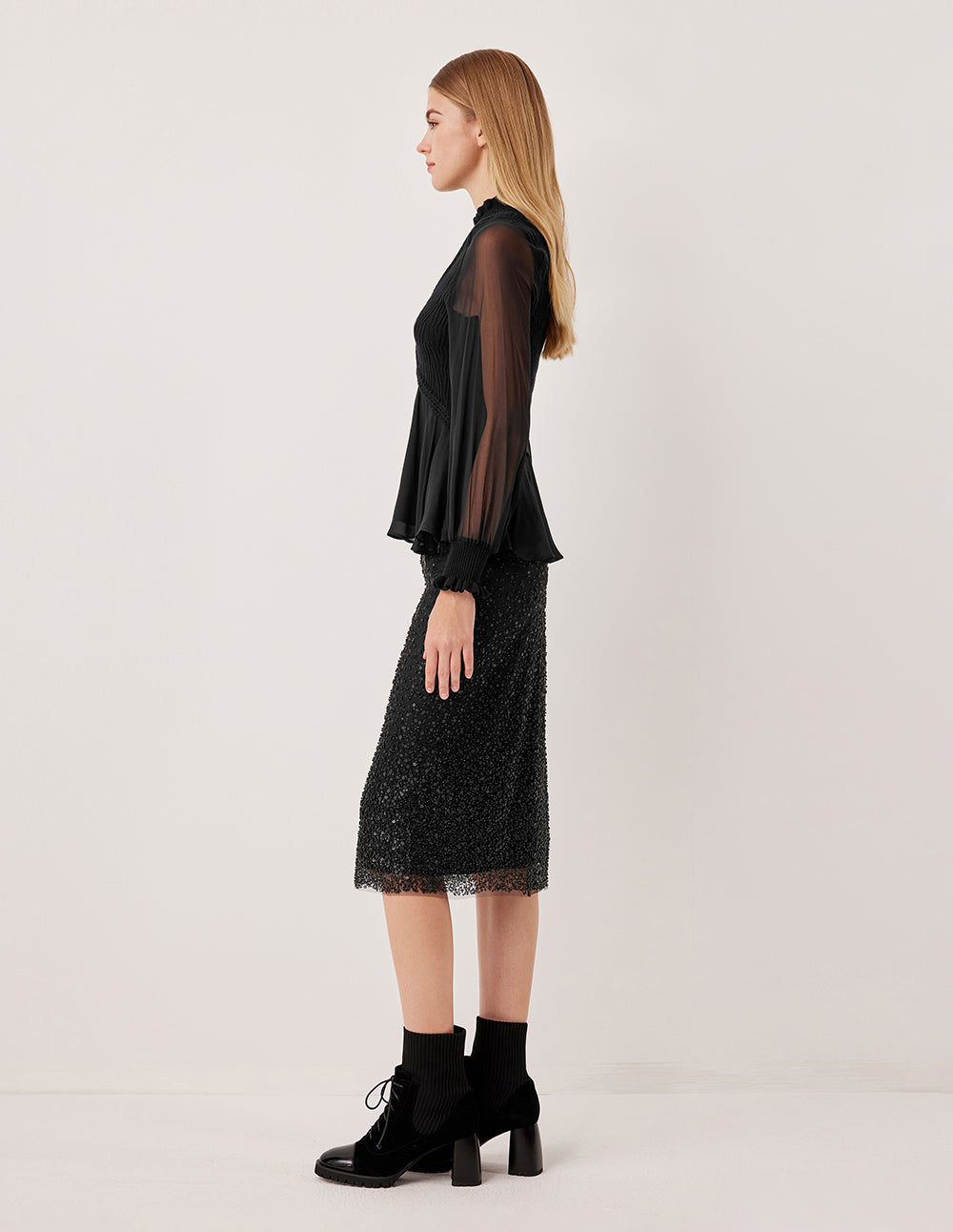MARYLING Black Shiny Double-Layer High-Waisted Straight Skirt