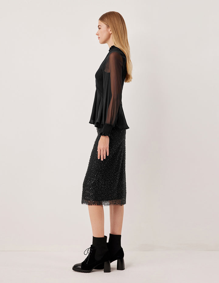 MARYLING Black Shiny Double-Layer High-Waisted Straight Skirt