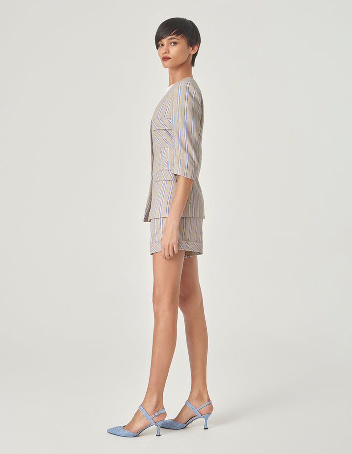 MARYLING Striped Collarless Mid-Length Sleeve Blazer