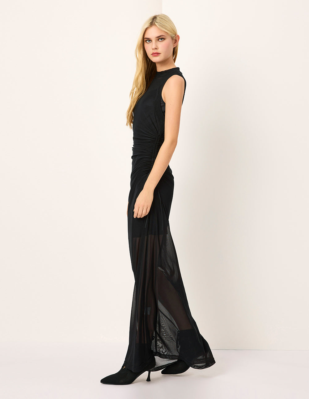 MARYLING Round Neck Sleeveless Sheer Side-Pleated Maxi Dress