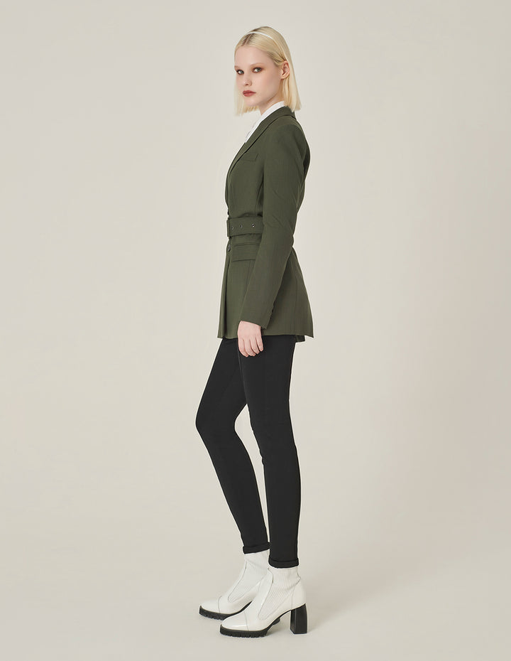 MARYLING Army Green Lapel Long-Sleeve Single-Breasted Midi-Length Coat