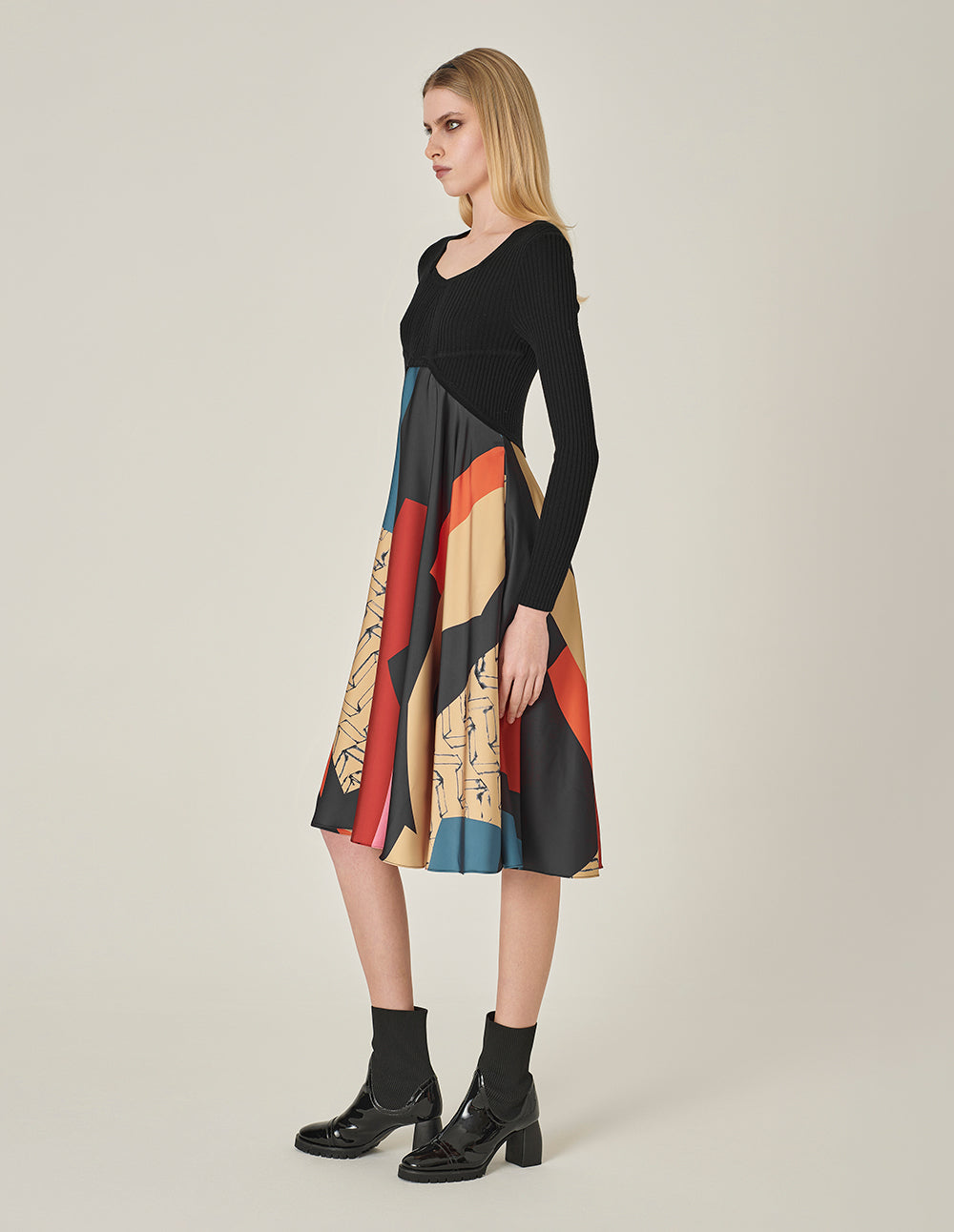 MARYLING V-Neck Printed Knitted Patchwork Dress