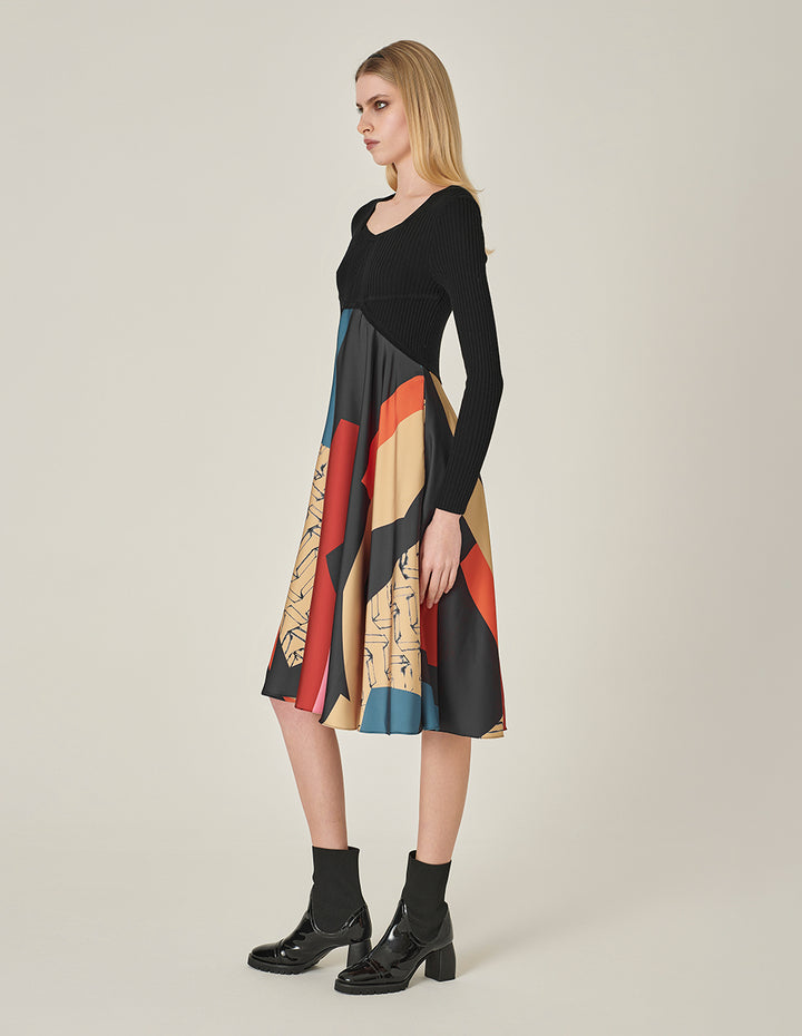 MARYLING V-Neck Printed Knitted Patchwork Dress