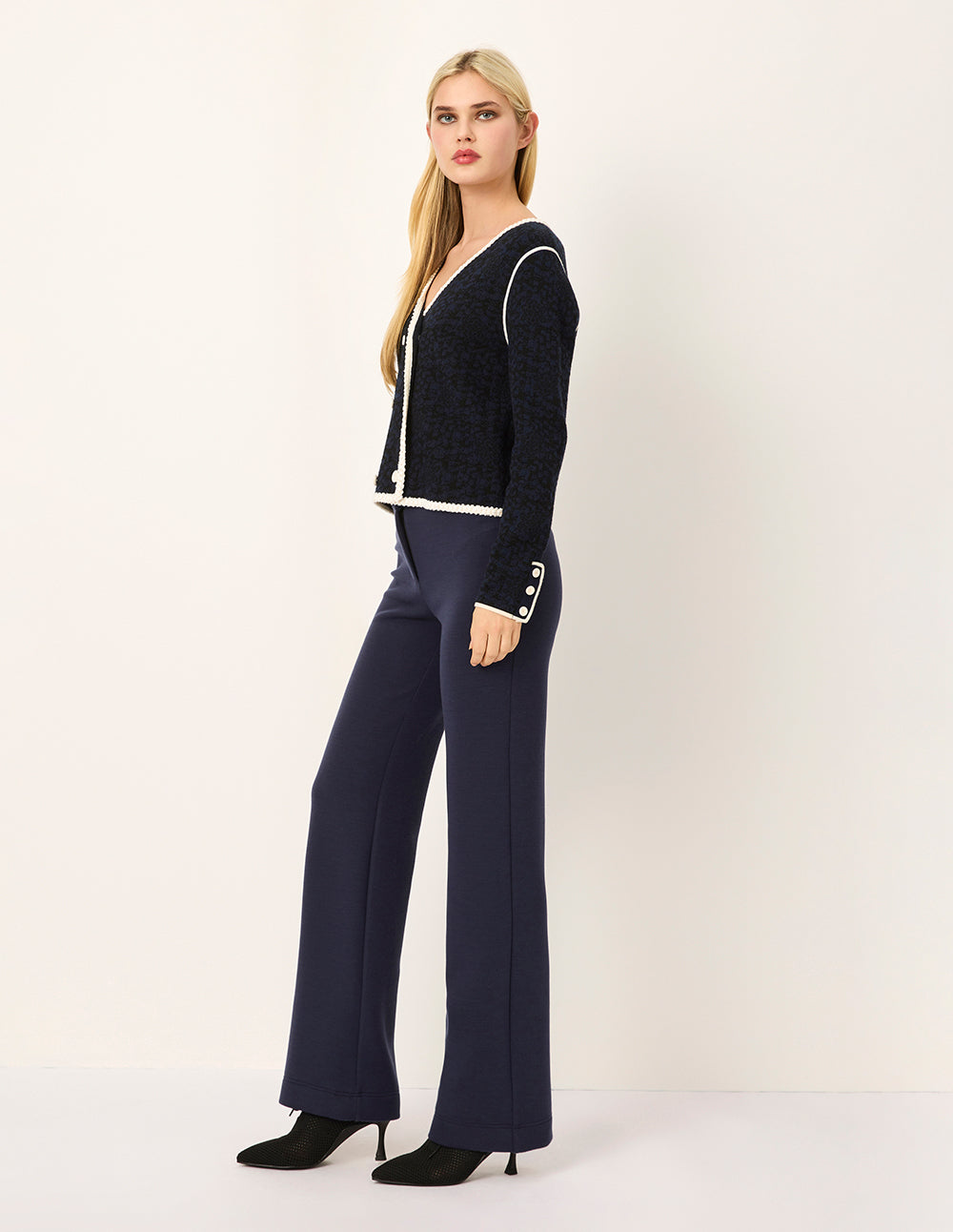 MARYLING V-Neck White Trim Double-Breasted Long-Sleeve Knit Cardigan