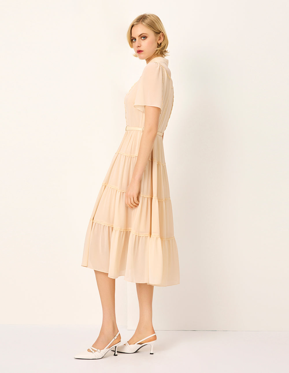 MARYLING Lapel Short Sleeve Ruffle Trim Pleated Tiered Silk Midi Shirt Dress