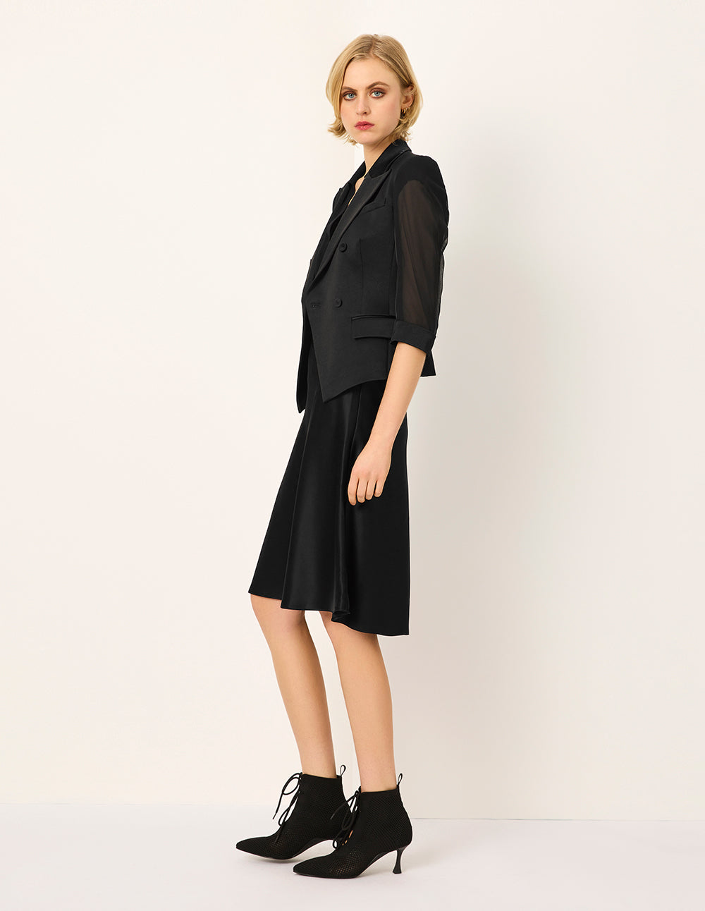 MARYLING Peaked-Collar Padded shoulder See-Through 3/4 Sleeve Blazer