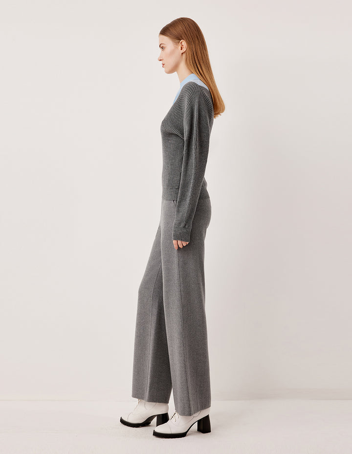 MARYLING Gray-Blue Wool Knit Patchwork Shirt Two-Tone Pullover