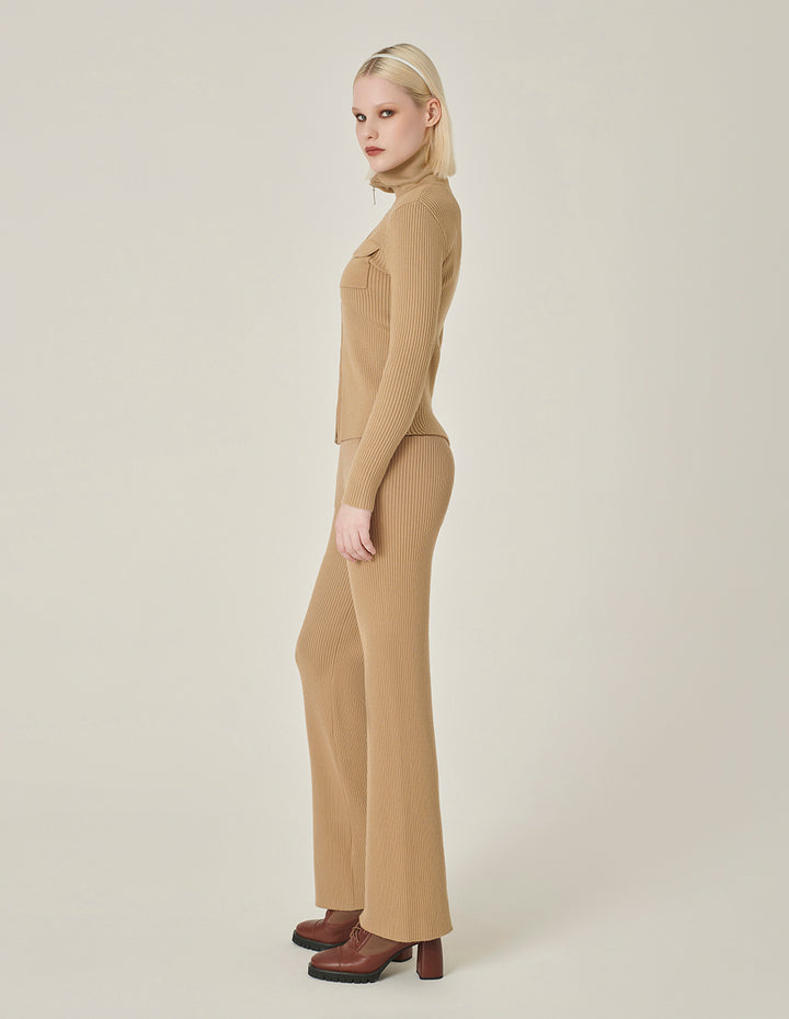 MARYLING Straight Wide-Leg Apricot Pocket Knitted Trousers