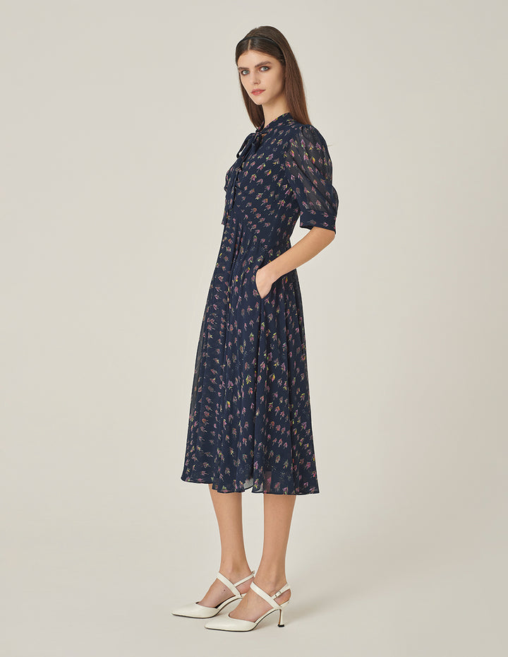 MARYLING V-Neck Ribbon Tree-Printed Blue Dress