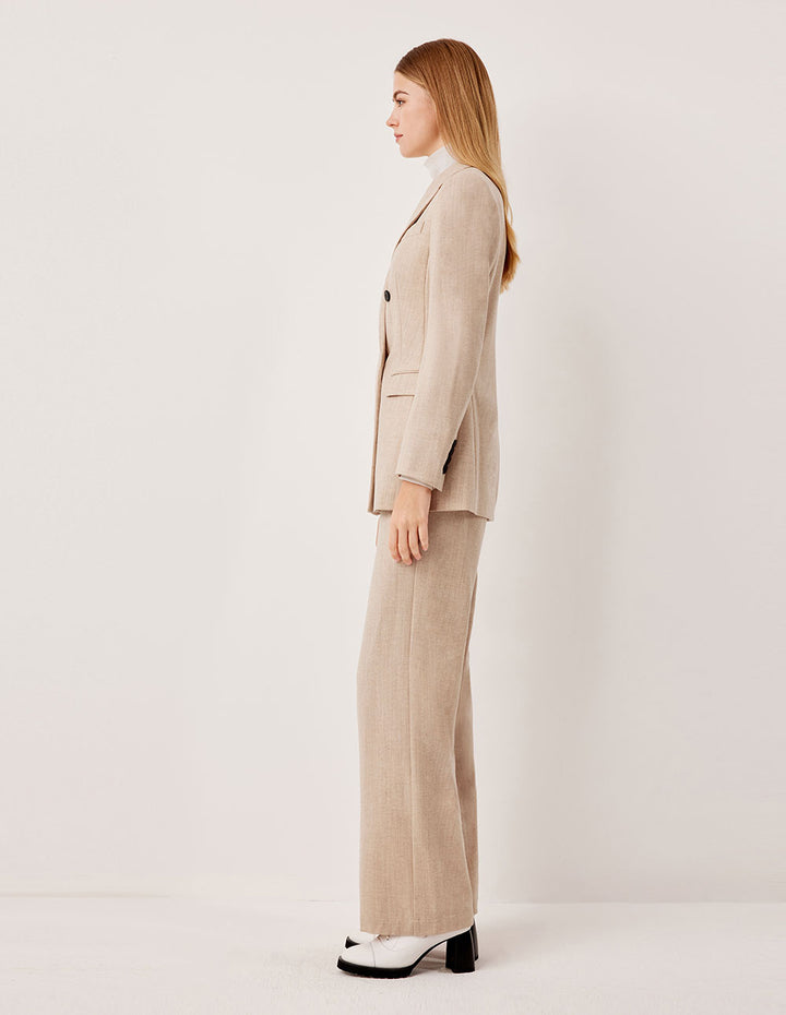MARYLING Beige Slim Fit Wide Leg Full Wool Straight Pants