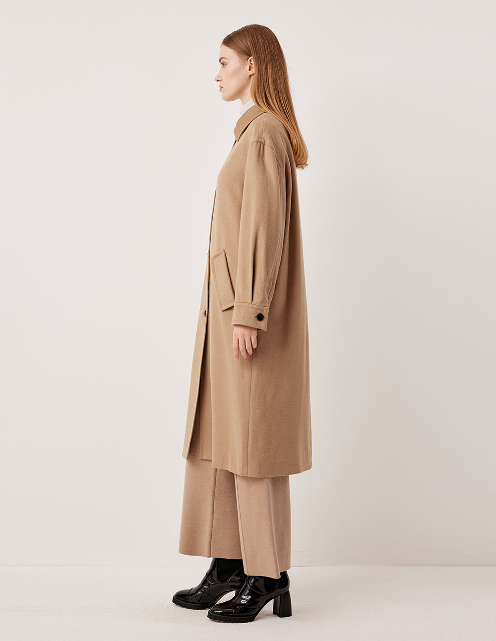 MARYLING Notched Collar Mid-Length Camel Hair Silk Blend Coat