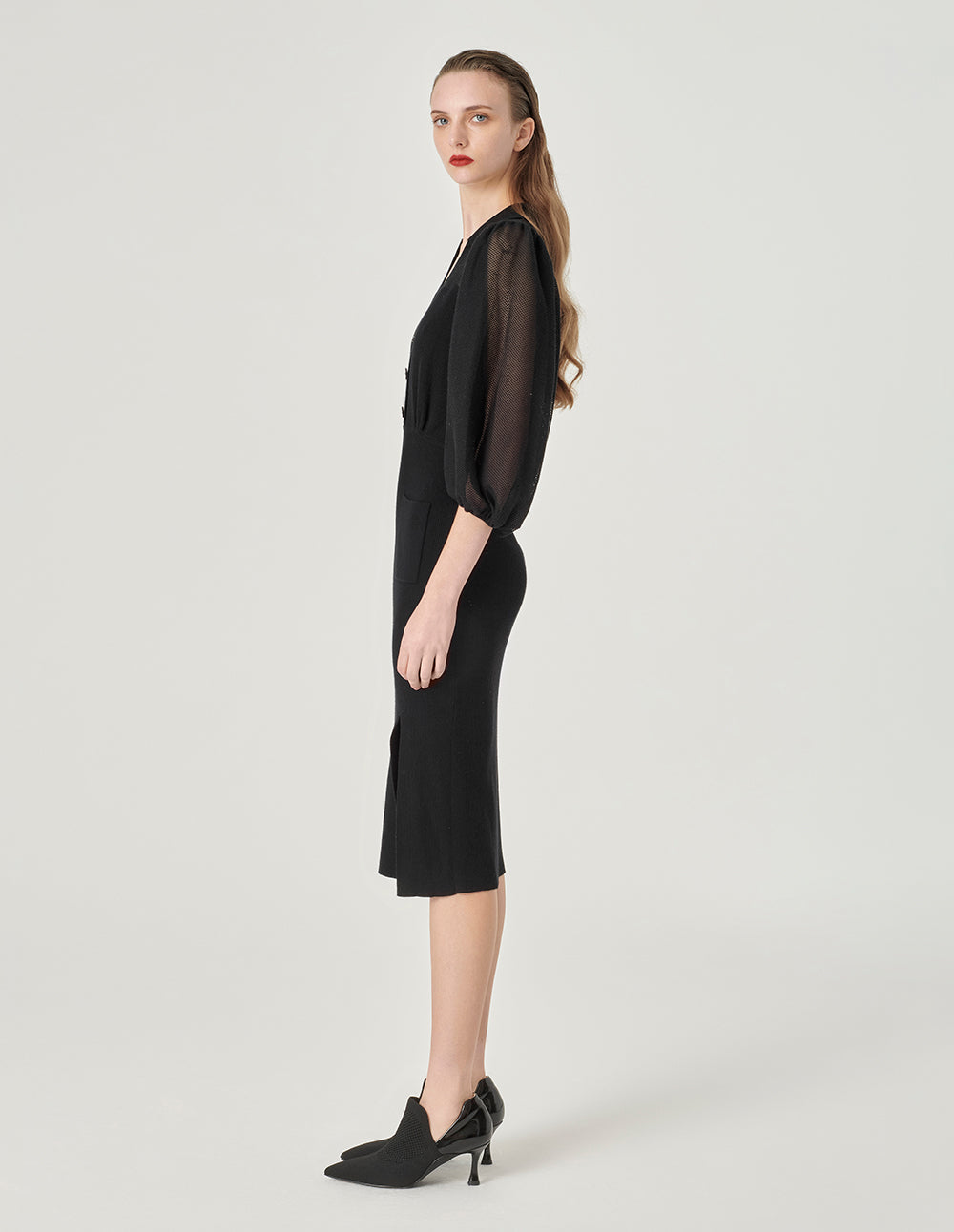 MARYLING Black Puff Sleeve Knitted Dress
