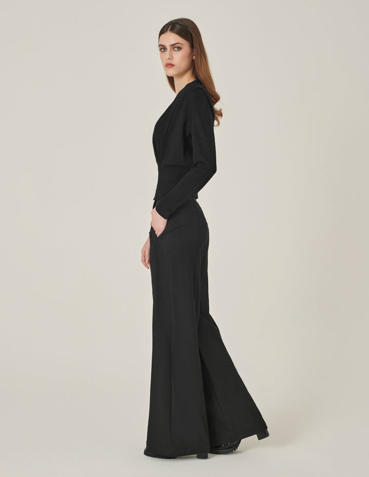 MARYLING Black V-Neck Hem Waisted Thin Knitted Pullover