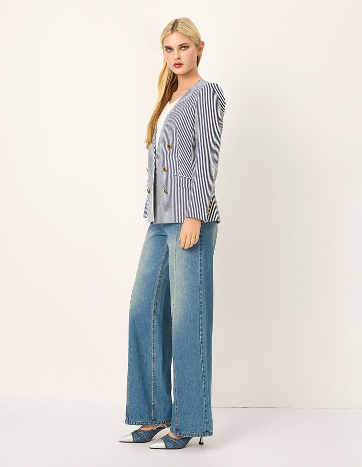 MARYLING V-Neck Long-Sleeve Double-Breasted Striped Wrap Blazer