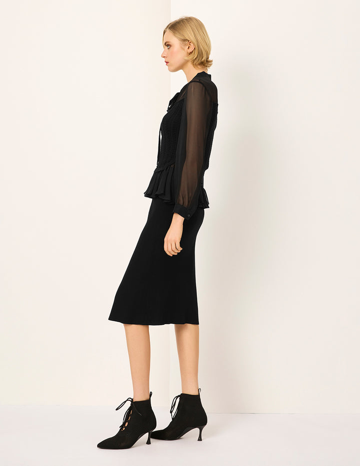 MARYLING Stand Tie Collar Long Sleeve Black Sheer Top