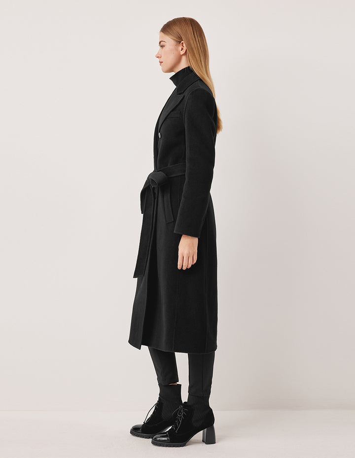 MARYLING Notched Lapel Structured Shoulder H-Line Double-Breasted Black Long Cashmere Coat