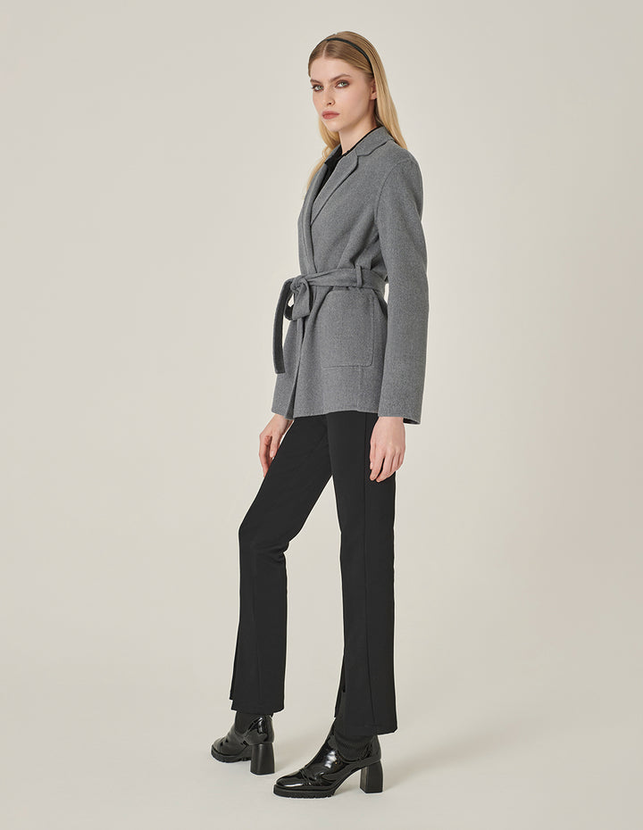 MARYLING Notched Lapel Wrap Belted Double-Faced Wool Coat