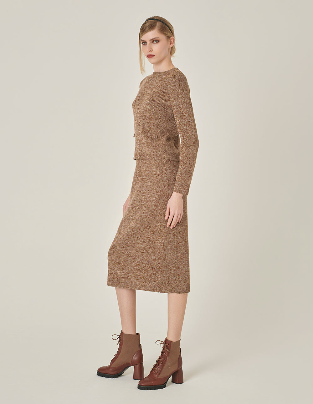 MARYLING Straight Knee-Length Apricot Mixed Yarn Skirt