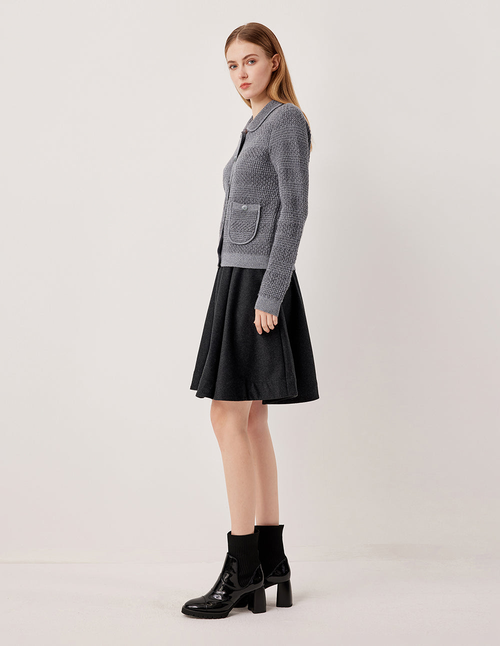 MARYLING A-Line High-Waisted Pleated Wool Silk Blend Midi Skirt