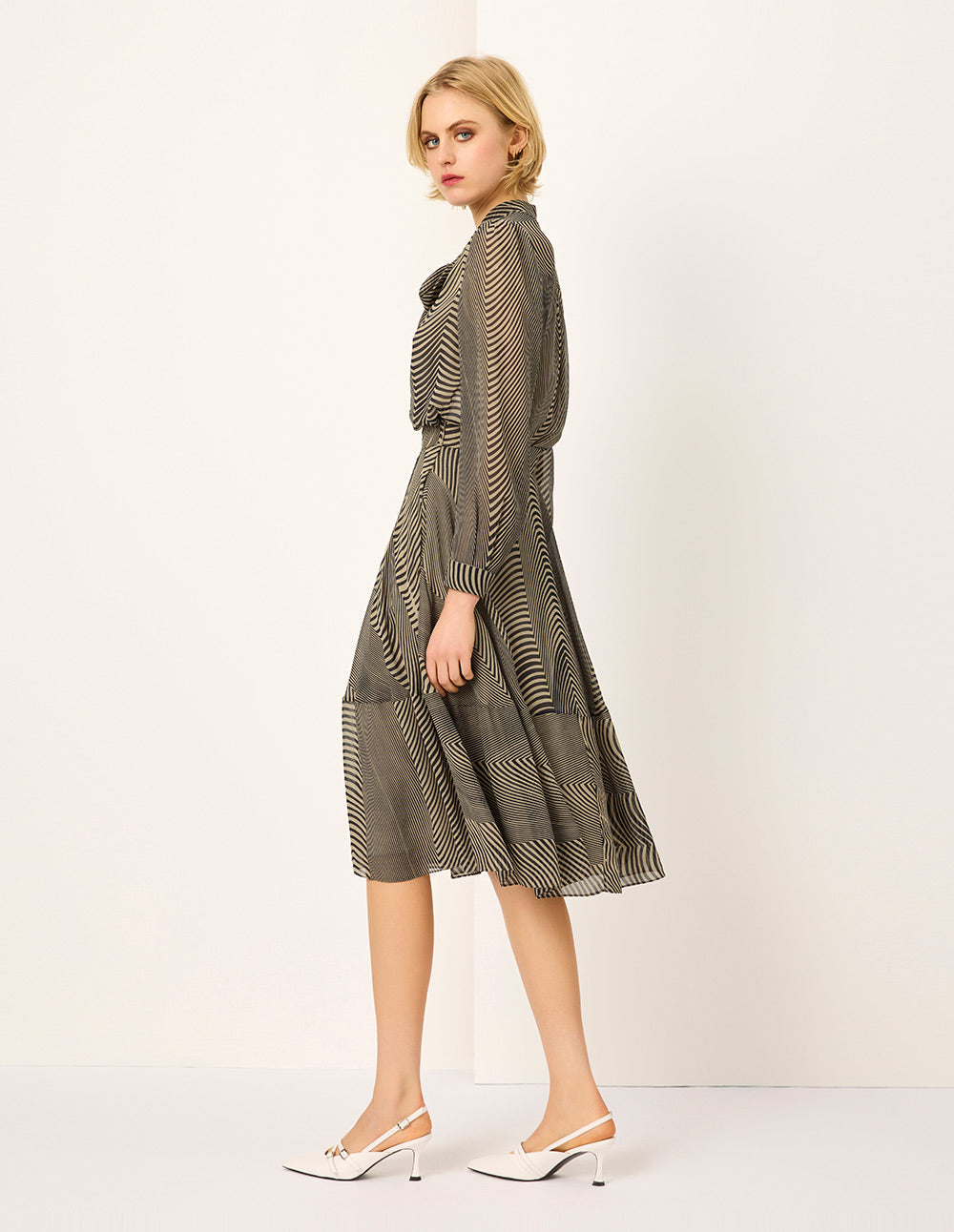 MARYLING Black Striped Collared Tie-Front Blouse