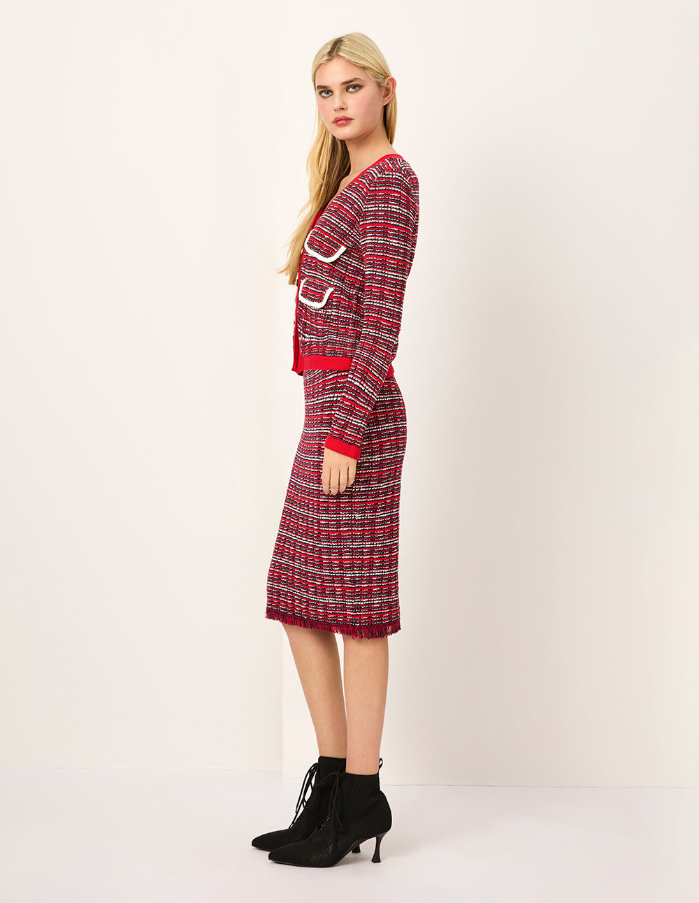 MARYLING Red & White Checkered Tweed Knee-Length Knit Straight Skirt