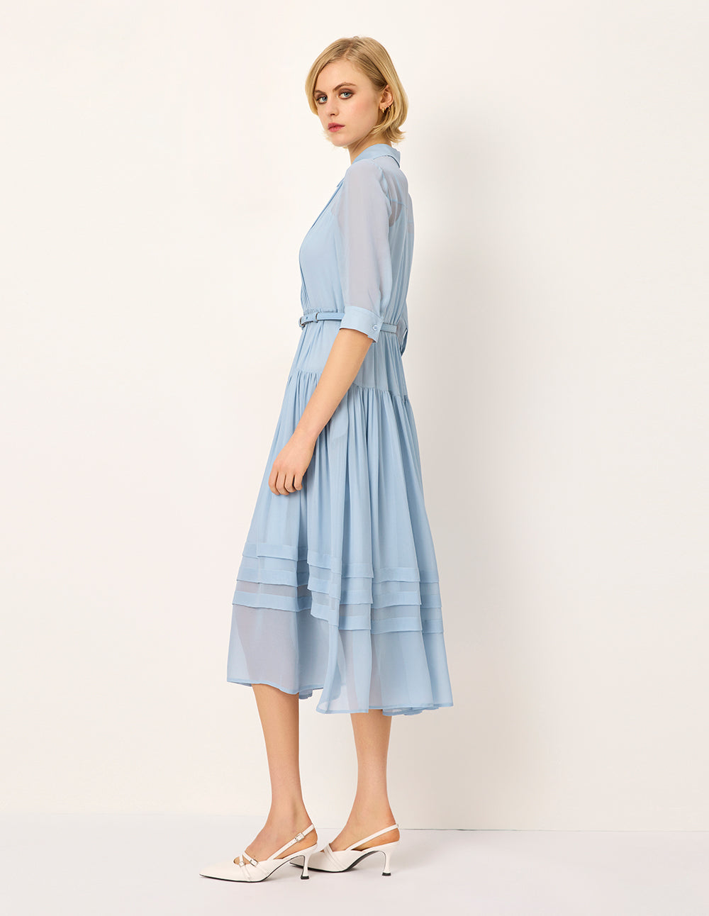 MARYLING Lapel Sheer Overlay Pin-Tuck Paneled Pleated Midi Shirt Dress