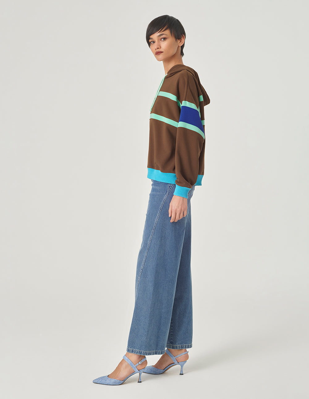 MARYLING Blue And Brown Colour Block Hooded Casual Sweatshirt