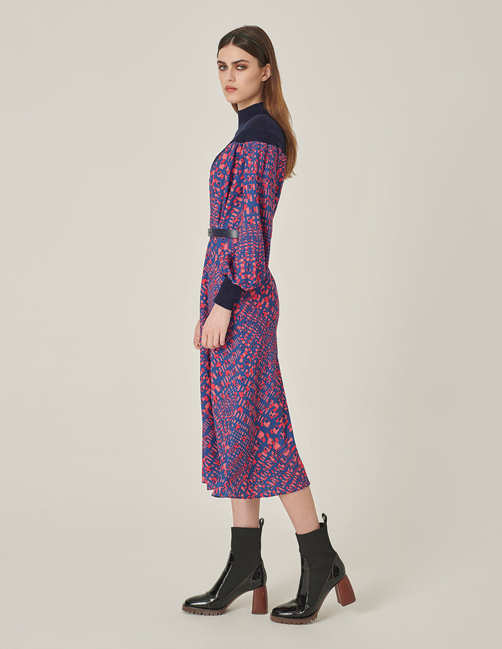 MARYLING Stand Collar Long-Sleeve Printed Patchwork Midi Knitted Dress