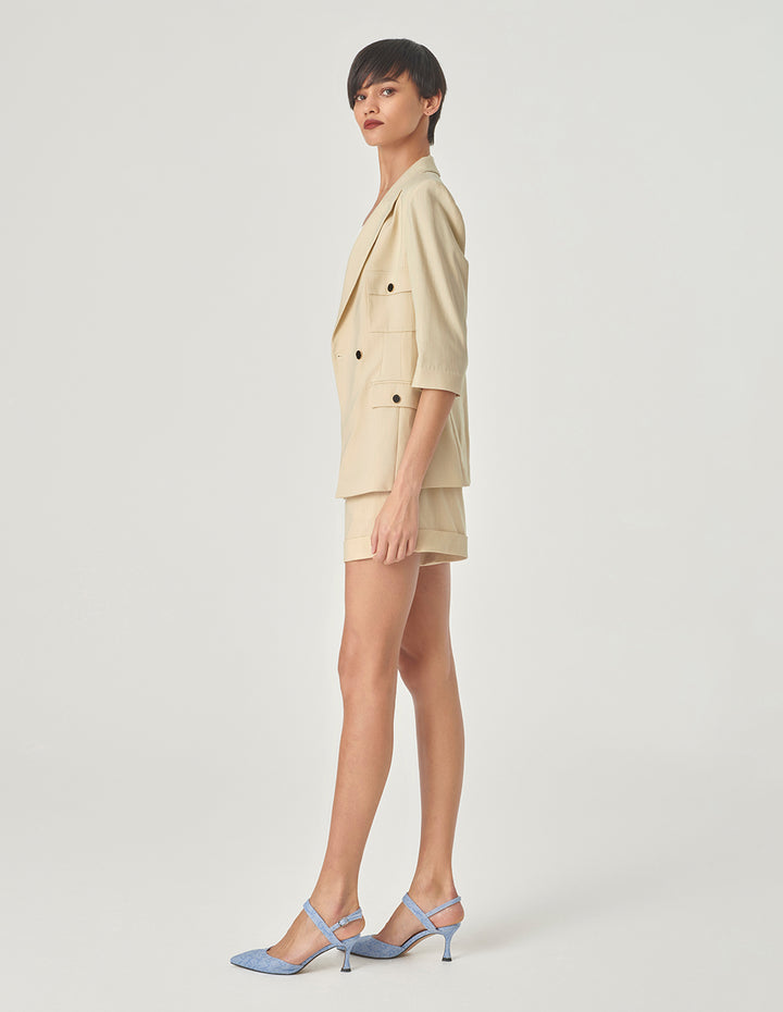 MARYLING Sand Double-Breasted Mid-Sleeve Blazer