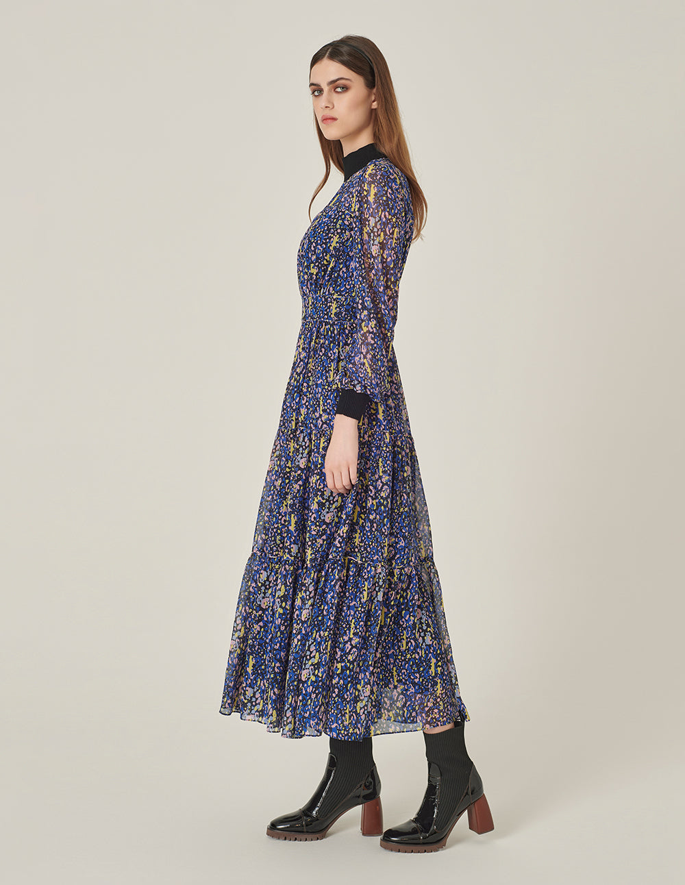 MARYLING Stand Collar Georgette Printed Pleated Mid-Length Dress