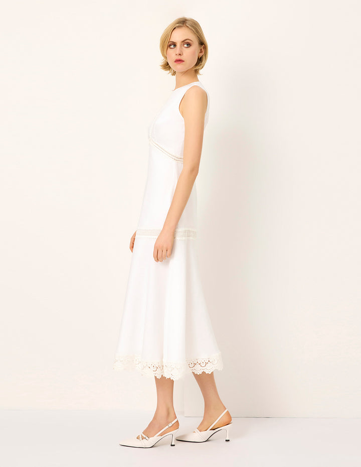 MARYLING Round Neck Sleeveless Empire-Waist Lace Ruffle-Trim Midi Dress