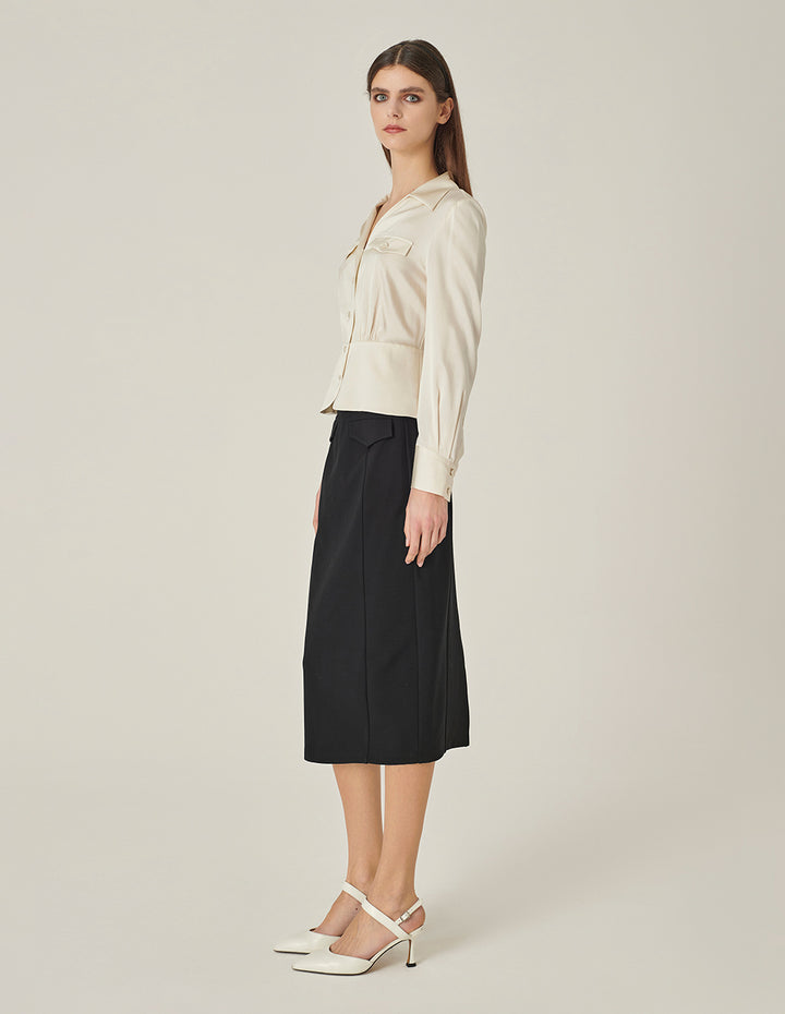 MARYLING V-Shaped Shirt-Collar Waisted Cream Silk Top