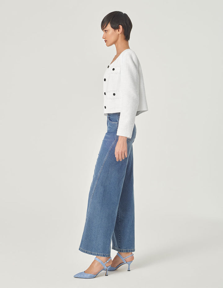 MARYLING White U-Shaped Collar Box Silhouette Short Jacket