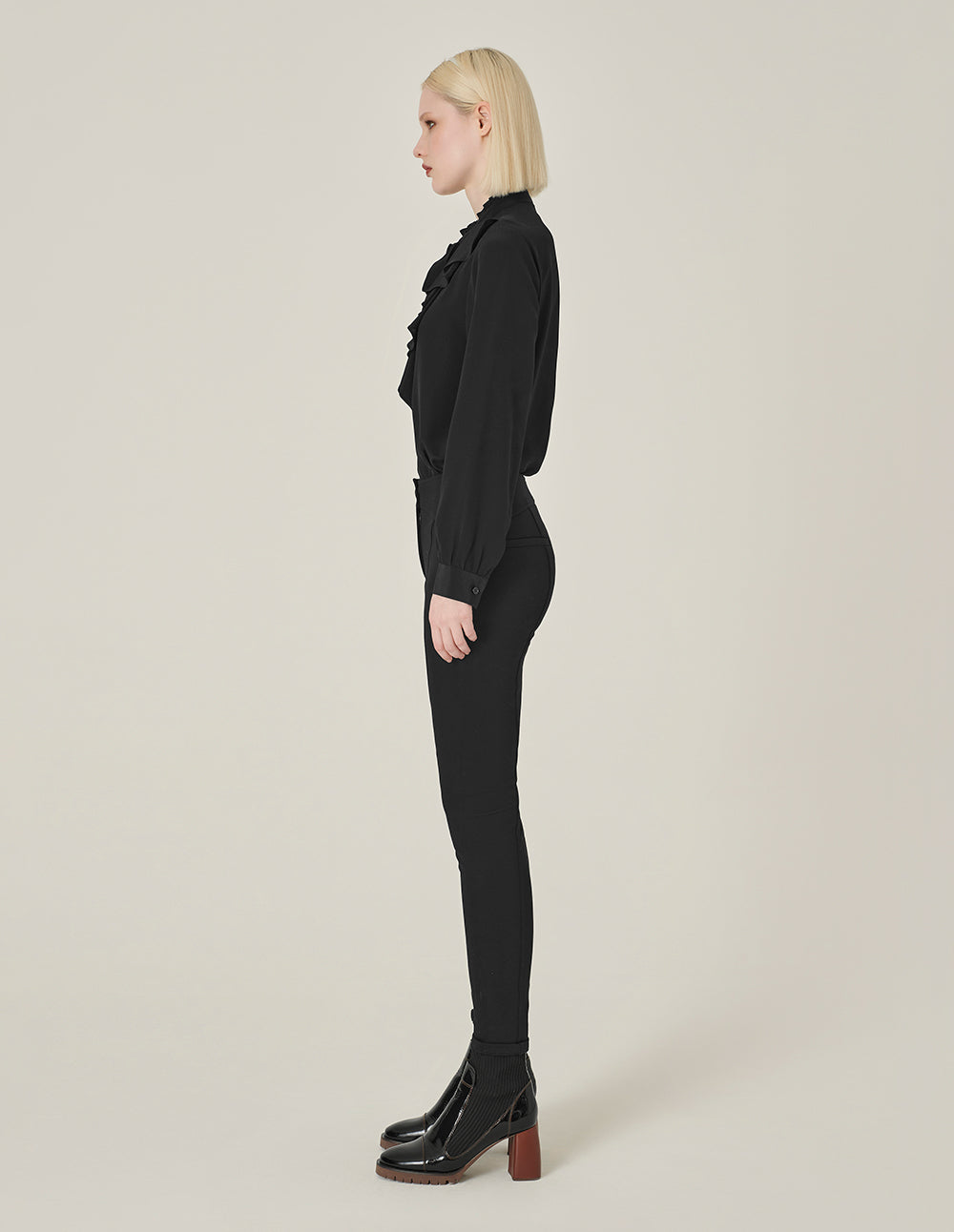 MARYLING Black Ruffled Long-Sleeved Silk Blouse