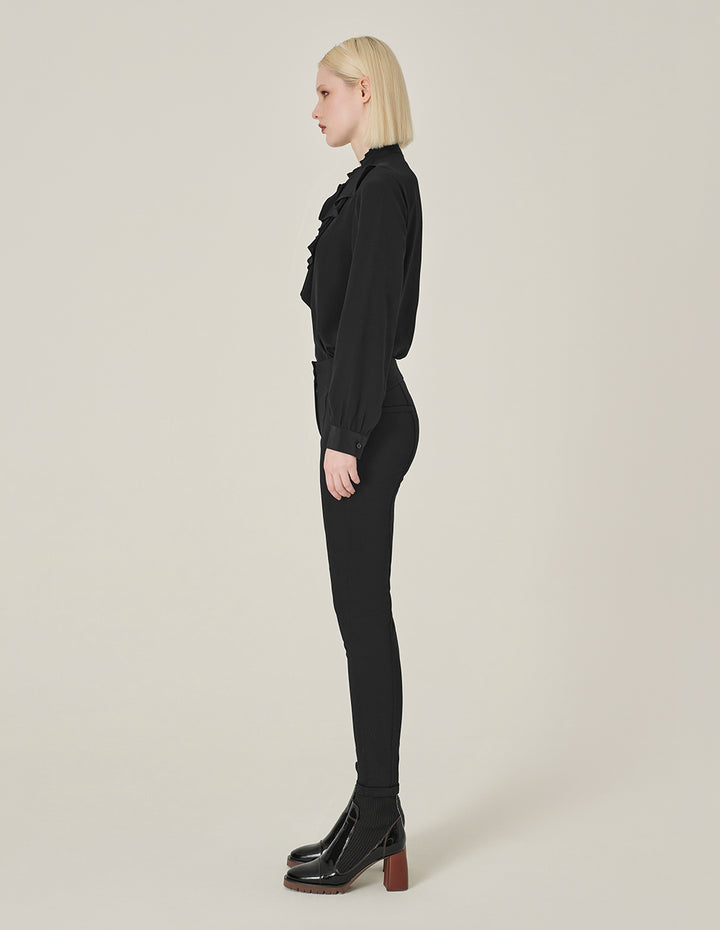 MARYLING Black Ruffled Long-Sleeved Silk Blouse