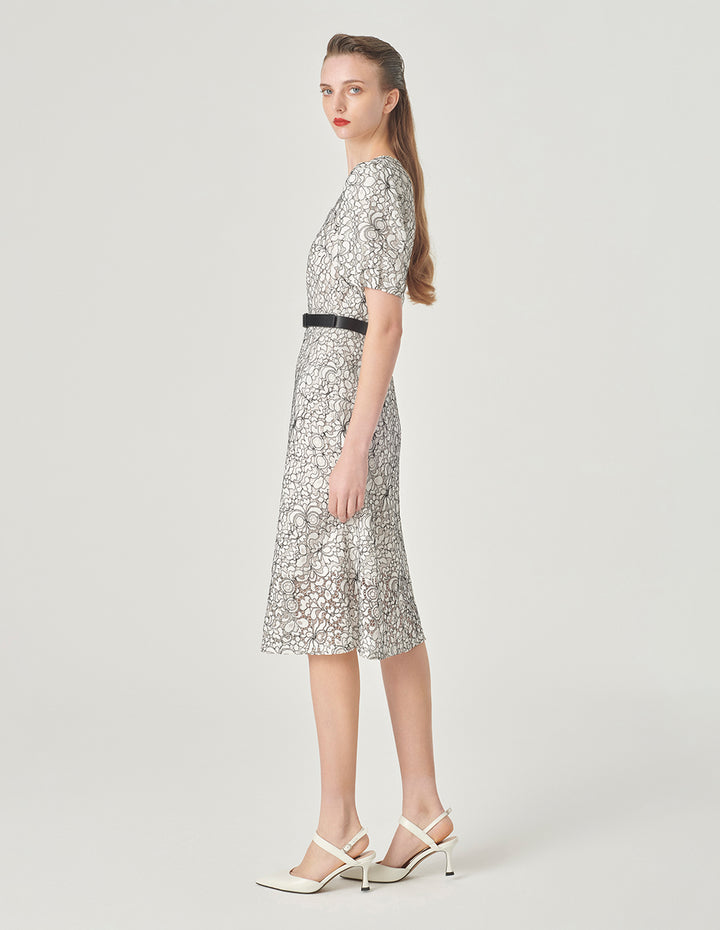 MARYLING Square Neck Puff Sleeve Lace Dress