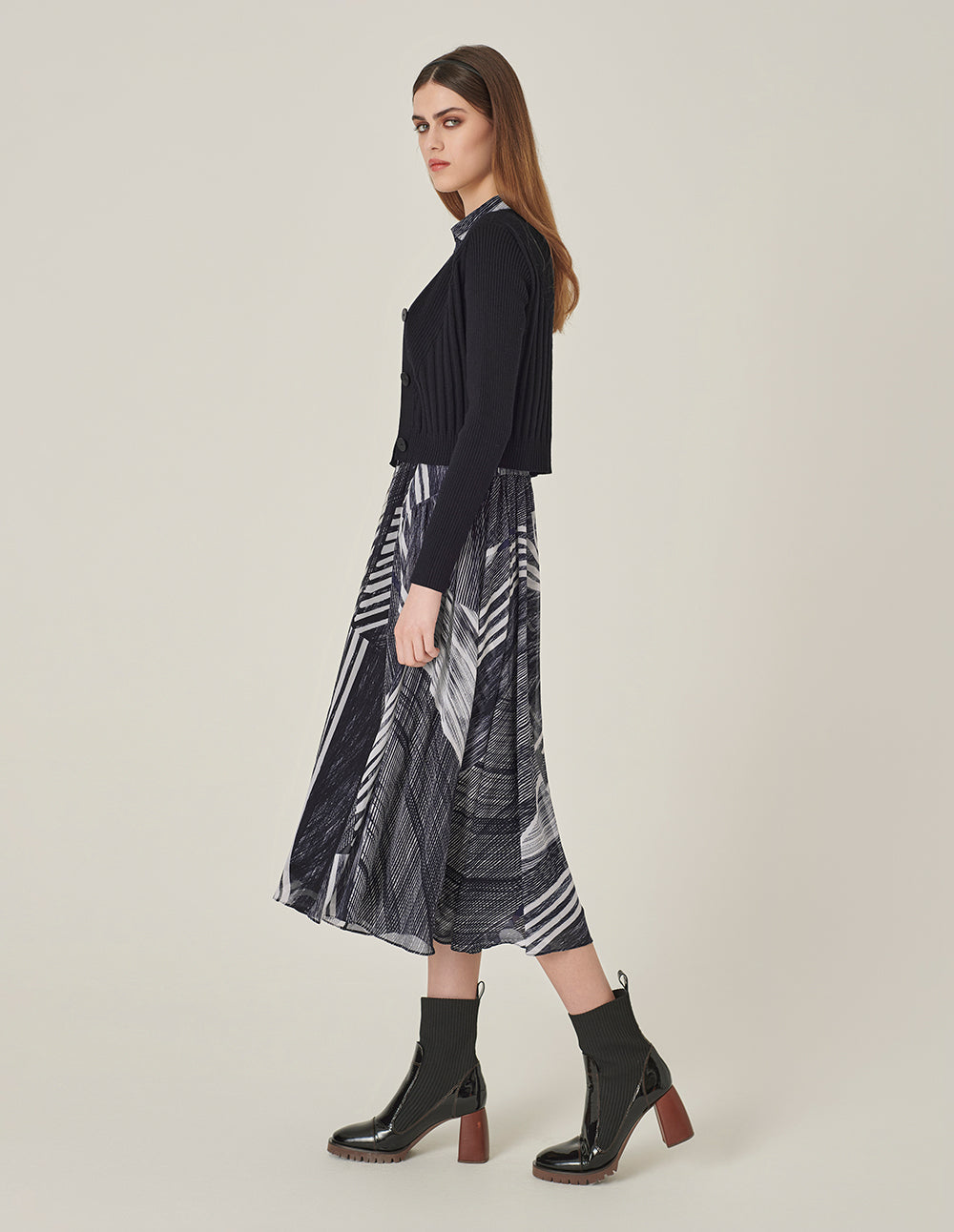 MARYLING V-Neck Shirt Collar Knitted Splicing Fake Two-Piece Printed Dress