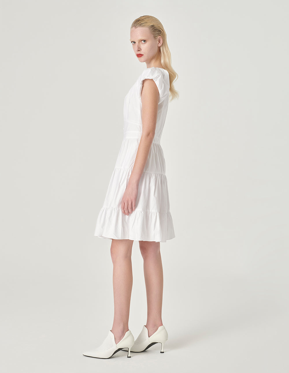 MARYLING Puff Sleeve Pleated Cotton Dress