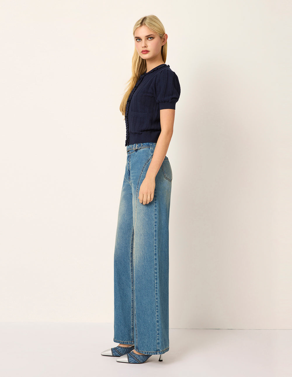 MARYLING Round-Neck Ruffle Short-Sleeve Textured Knit Cardigan