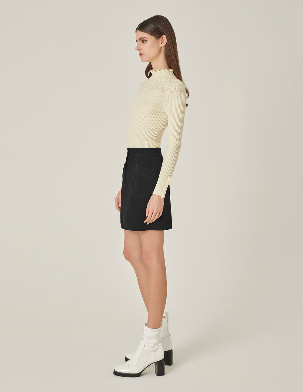 MARYLING Cream Ruffle-Turtleneck Knitted Sweater