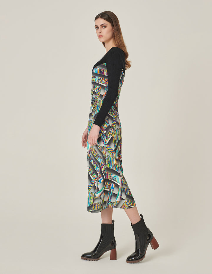 MARYLING Round-Neck Long-Sleeve Empired Knitted Printed Midi Dress