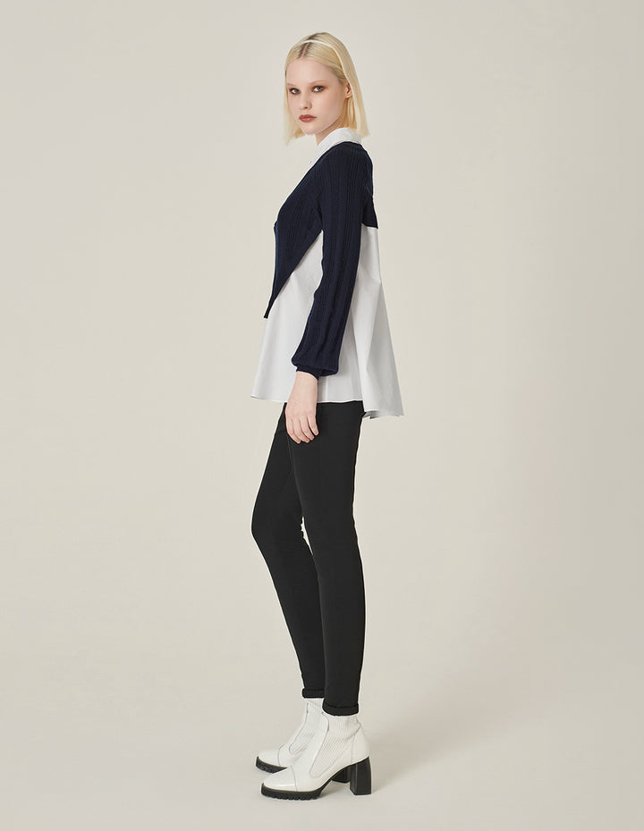 MARYLING Blue A& White Long-Sleeve Patchwork Knitted Blouse