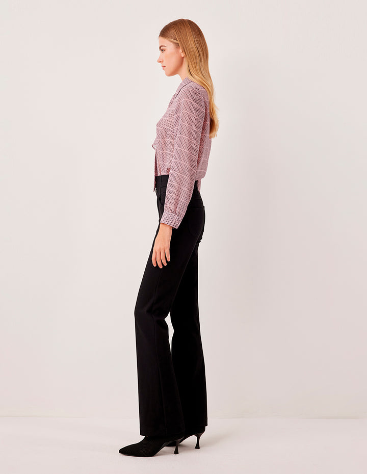 MARYLING Lapel Bow-Tie Long Sleeve Plaid Sheer Blouse