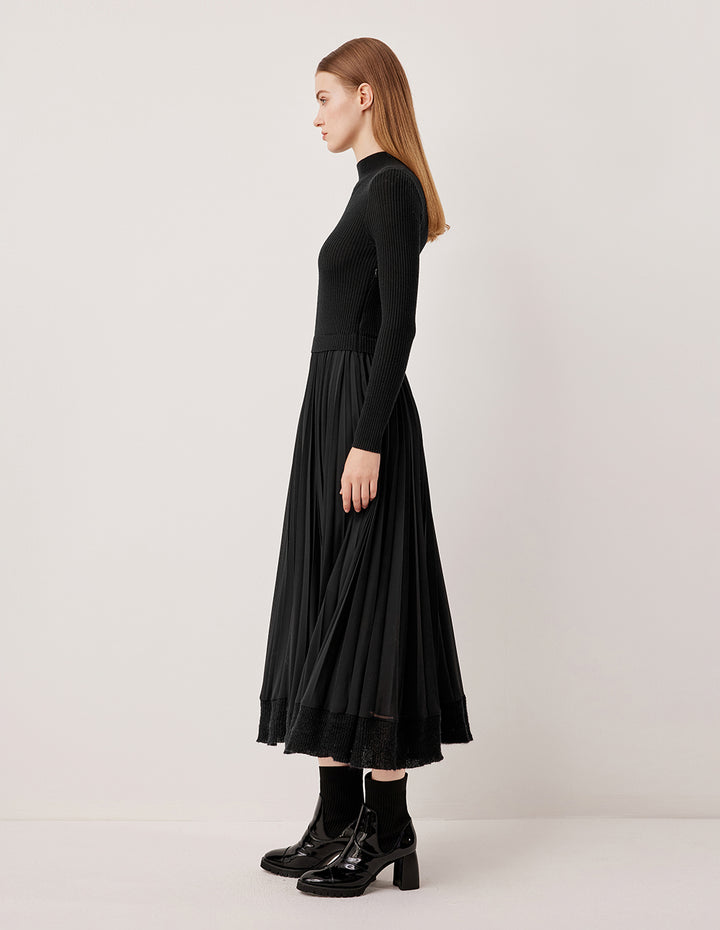 MARYLING Round Neck Long Sleeve Patchwork Wool Pleated Midi Knit Dress